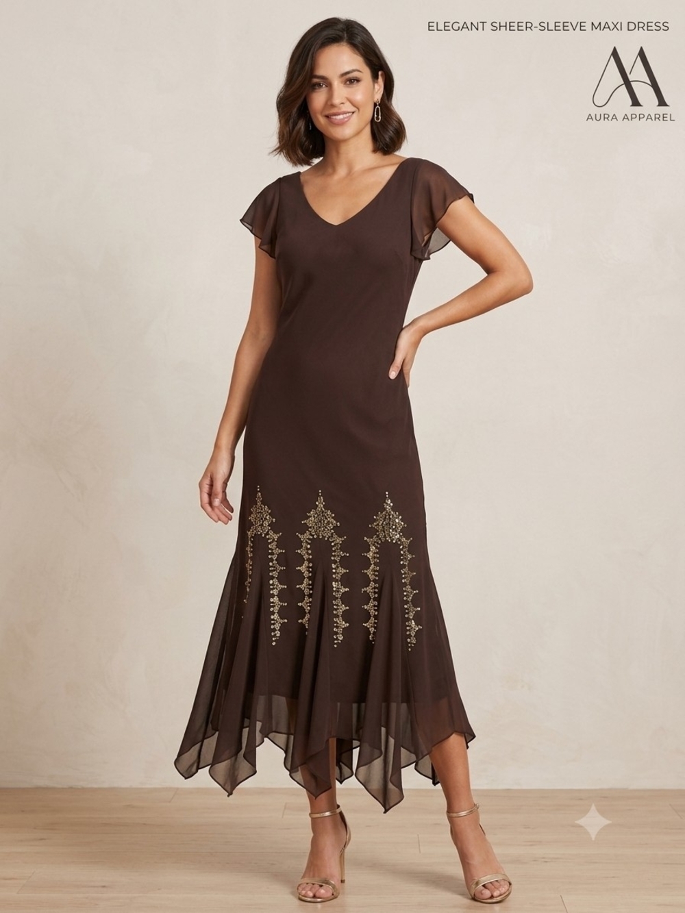 Vintage Y2K Dark Brown Chiffon Hand-Beaded Handkerchief Hem Midi/Maxi Dress